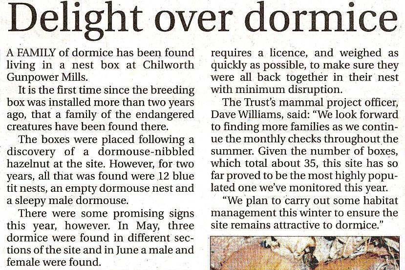 Surrey Advertiser Dormice 31 July 2009 St Martha Parish Guildford Surrey